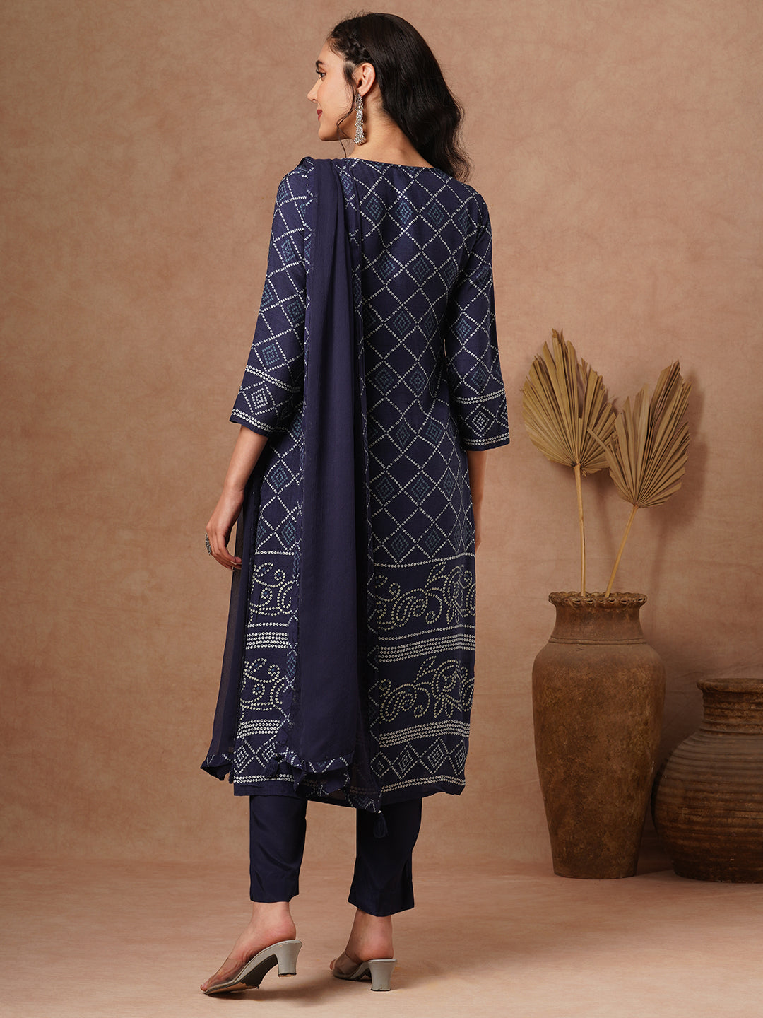 Bandhani Printed & Hand Embroidered Straight Fit Kurta with Pant and Dupatta - Navy Blue