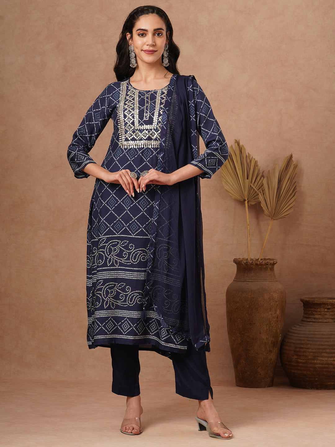 Bandhani Printed & Hand Embroidered Straight Fit Kurta with Pant and Dupatta - Navy Blue