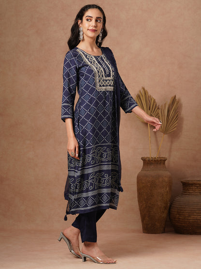 Bandhani Printed & Hand Embroidered Straight Fit Kurta with Pant and Dupatta - Navy Blue