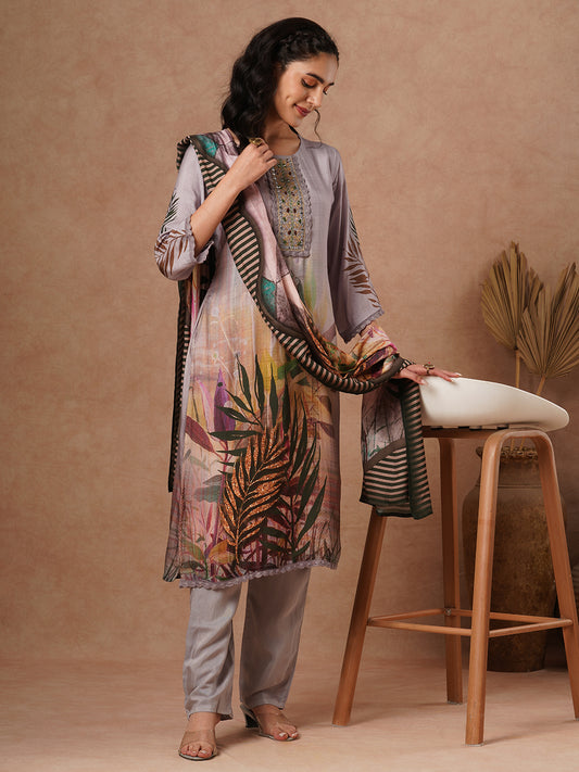 Abstract Floral Printed & Embroidered Straight Fit Kurta with Pant and Dupatta - Grey