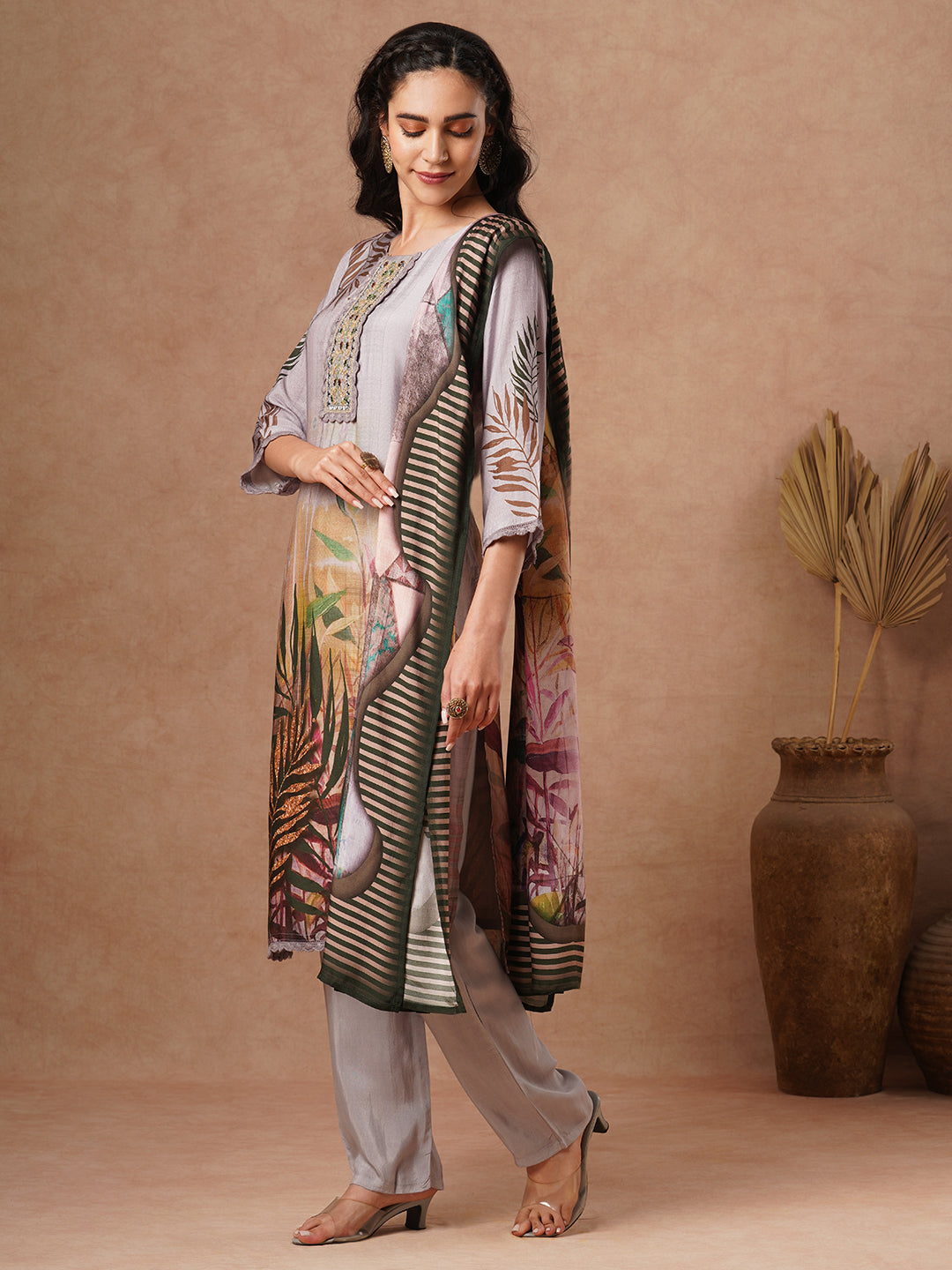 Abstract Floral Printed & Embroidered Straight Fit Kurta with Pant and Dupatta - Grey