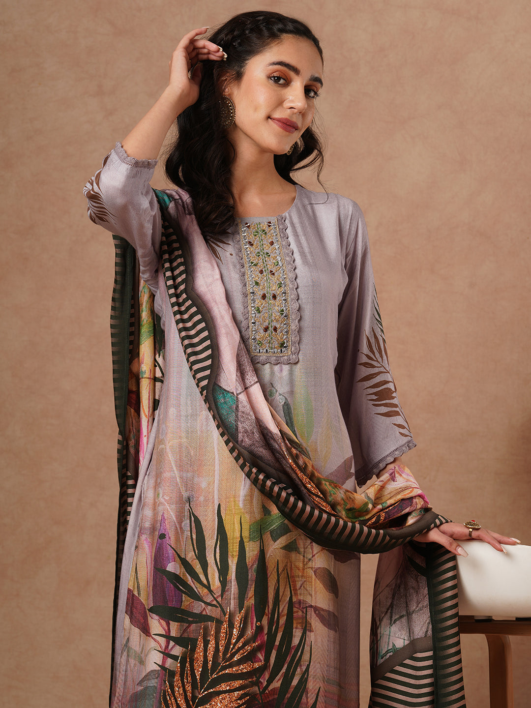 Abstract Floral Printed & Embroidered Straight Fit Kurta with Pant and Dupatta - Grey