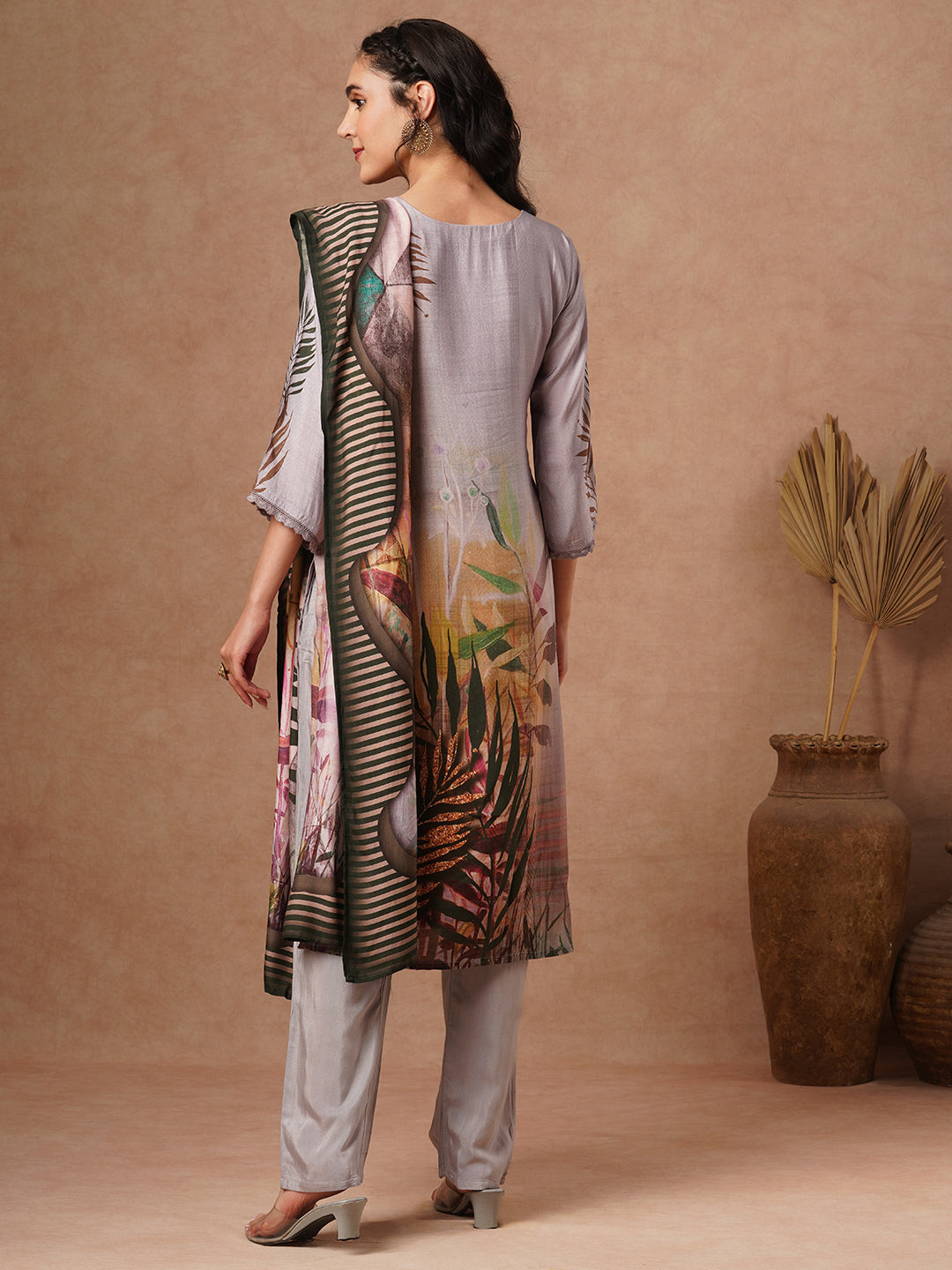 Abstract Floral Printed & Embroidered Straight Fit Kurta with Pant and Dupatta - Grey