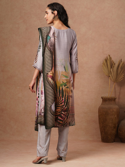 Abstract Floral Printed & Embroidered Straight Fit Kurta with Pant and Dupatta - Grey