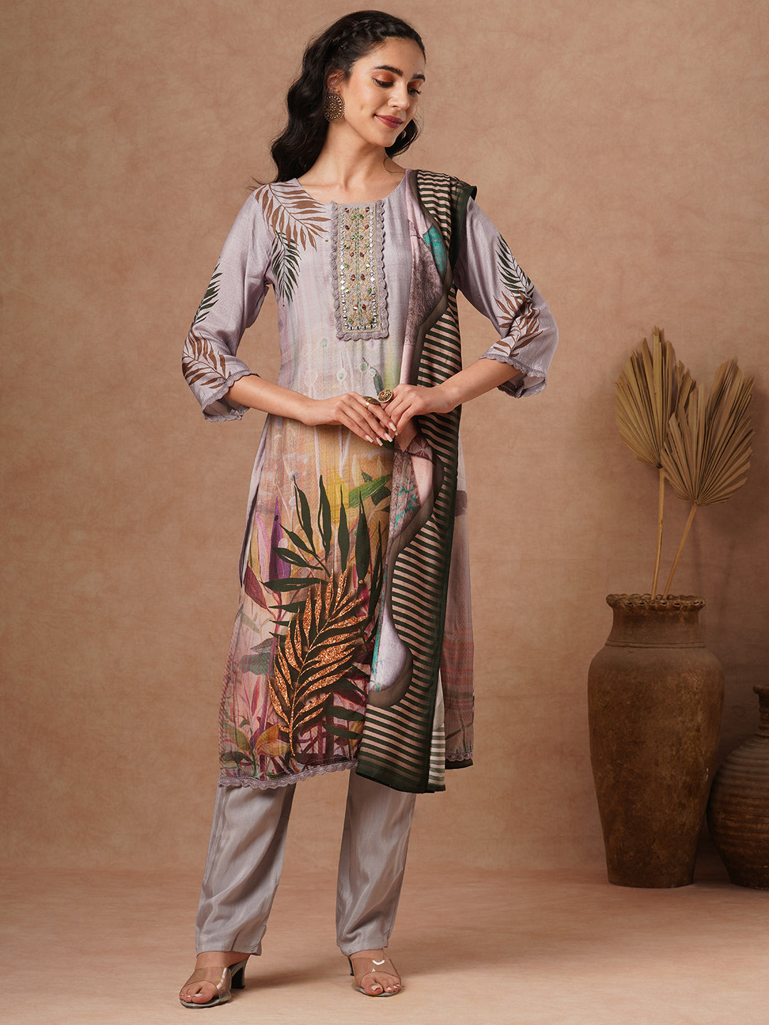 Abstract Floral Printed & Embroidered Straight Fit Kurta with Pant and Dupatta - Grey