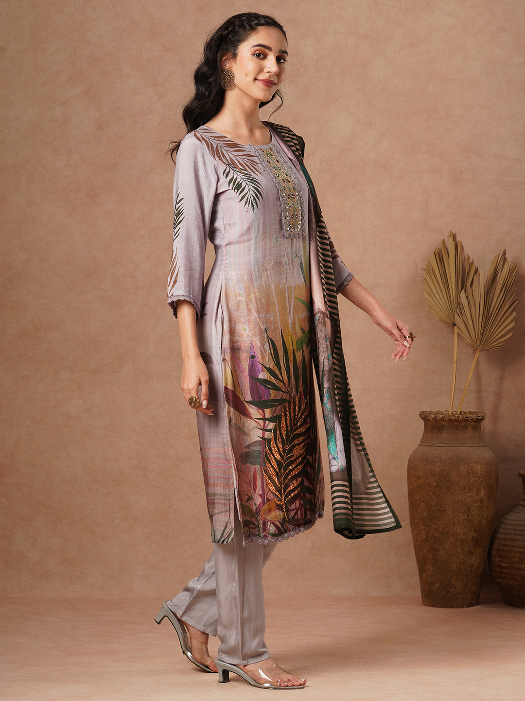 Abstract Floral Printed & Embroidered Straight Fit Kurta with Pant and Dupatta - Grey