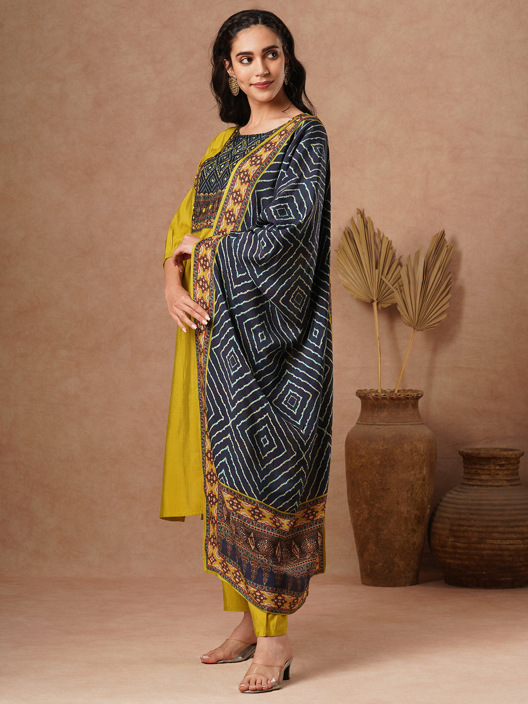 Solid Ethnic Embroidered Straight Fit Kurta with Pant and Dupatta - Lime Green