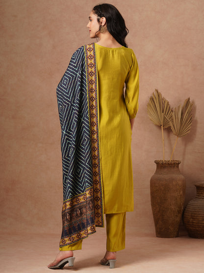 Solid Ethnic Embroidered Straight Fit Kurta with Pant and Dupatta - Lime Green