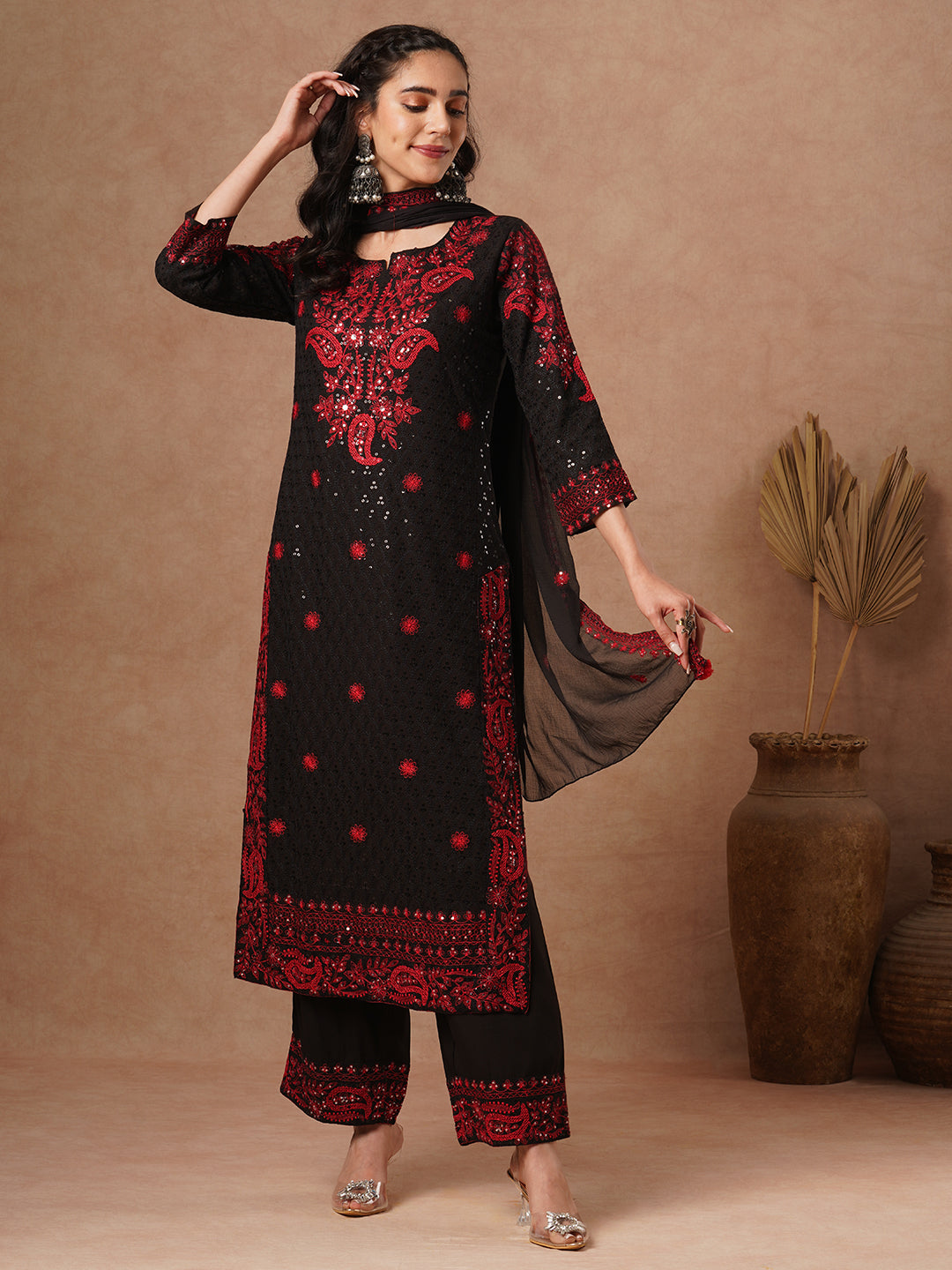 Solid Floral Sequin Embroidered Straight Fit Kurta with Palazzo and Dupatta - Black