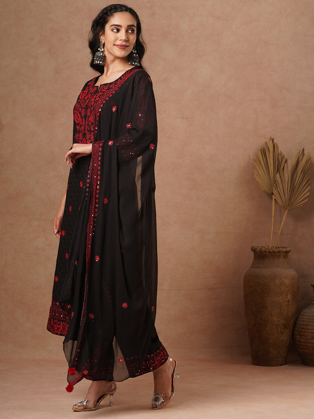 Solid Floral Sequin Embroidered Straight Fit Kurta with Palazzo and Dupatta - Black