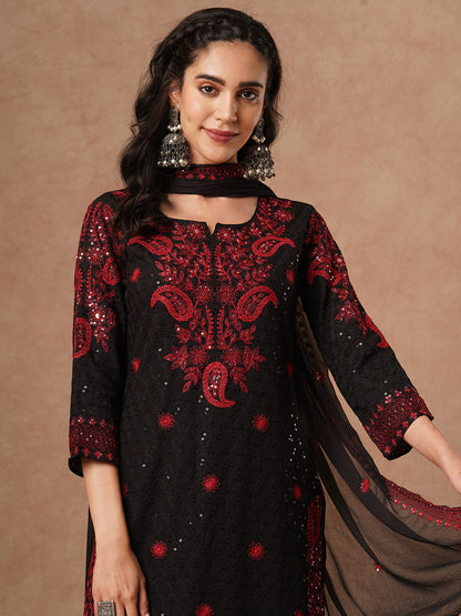 Solid Floral Sequin Embroidered Straight Fit Kurta with Palazzo and Dupatta - Black