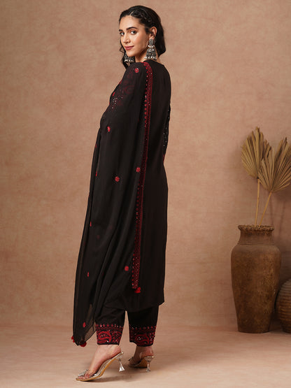 Solid Floral Sequin Embroidered Straight Fit Kurta with Palazzo and Dupatta - Black