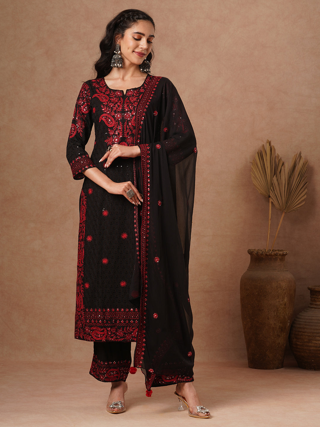 Solid Floral Sequin Embroidered Straight Fit Kurta with Palazzo and Dupatta - Black