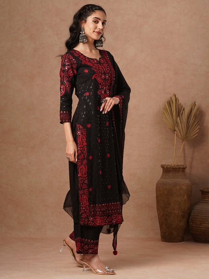 Solid Floral Sequin Embroidered Straight Fit Kurta with Palazzo and Dupatta - Black