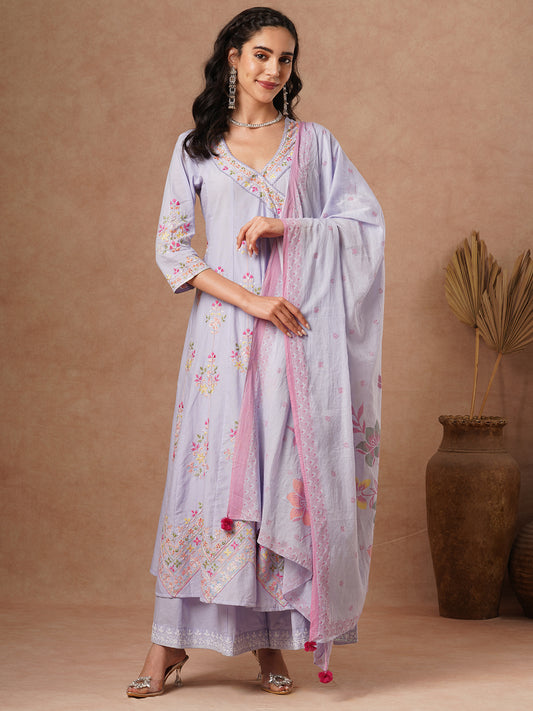 Solid Floral Embroidered Angrakha Kurta with Palazzo & Dupatta - Lavender