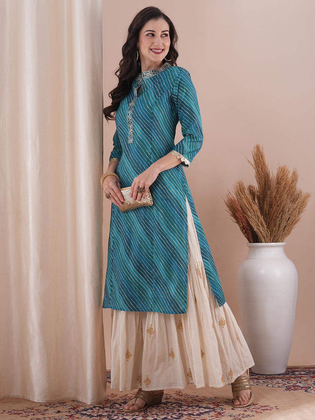 Leheriya Printed & Embroidered Straight Fit Kurta - Turquoise Blue