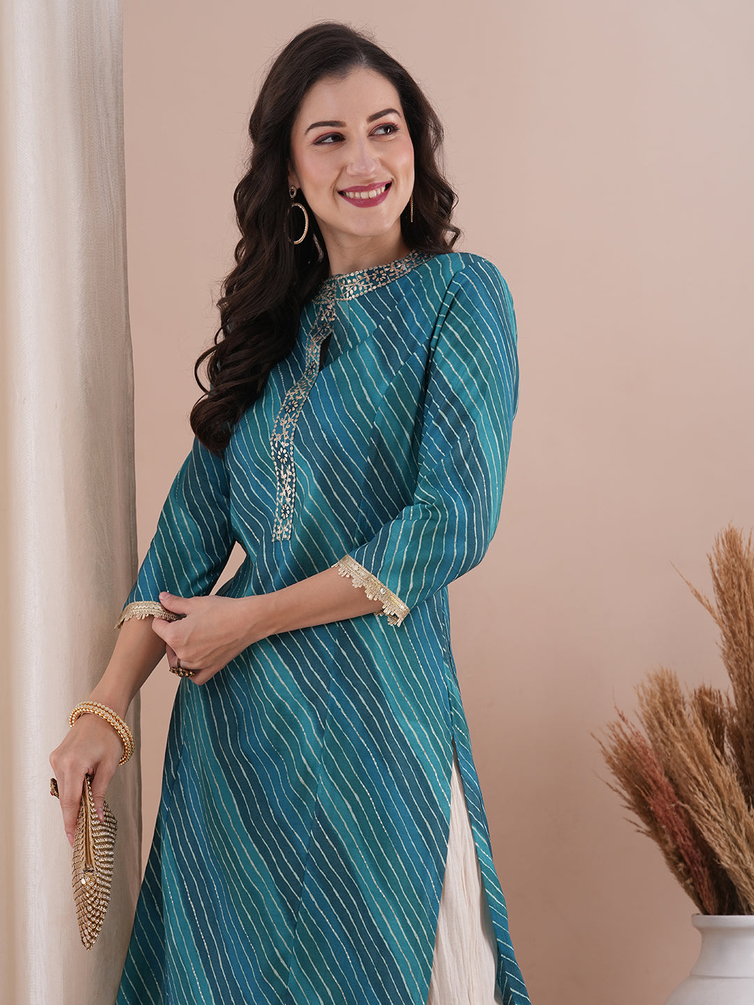 Leheriya Printed & Embroidered Straight Fit Kurta - Turquoise Blue