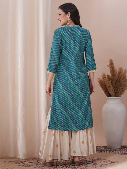 Leheriya Printed & Embroidered Straight Fit Kurta - Turquoise Blue