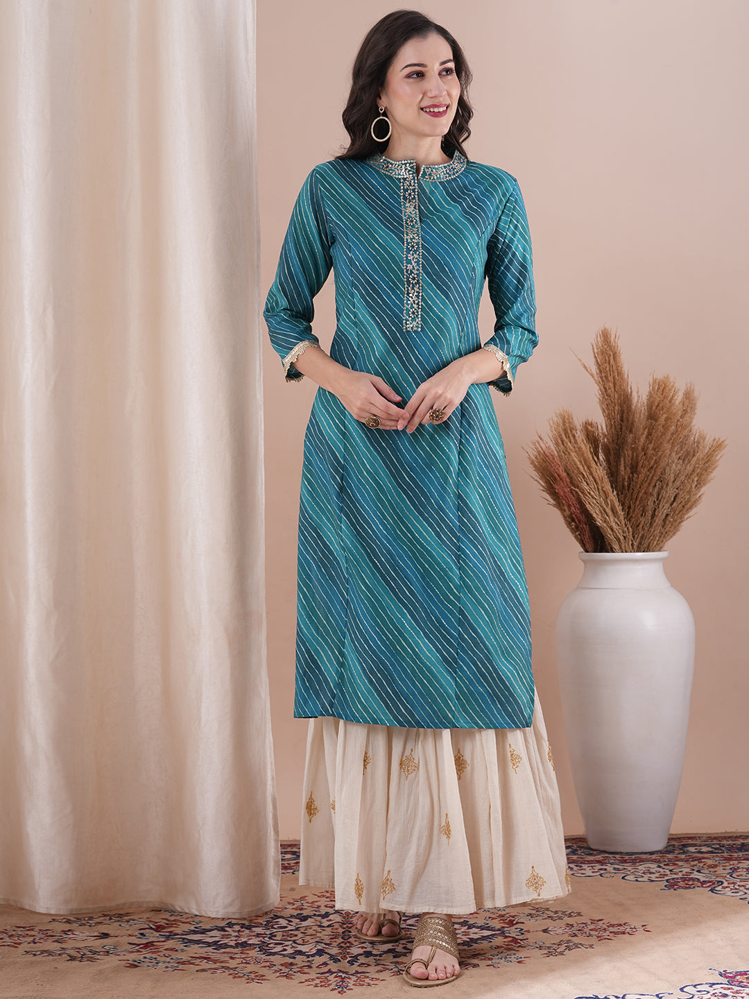 Leheriya Printed & Embroidered Straight Fit Kurta - Turquoise Blue