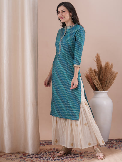 Leheriya Printed & Embroidered Straight Fit Kurta - Turquoise Blue