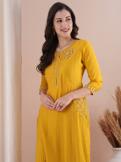 Solid Ethnic Floral Embroidered Straight Fit Kurta - Yellow