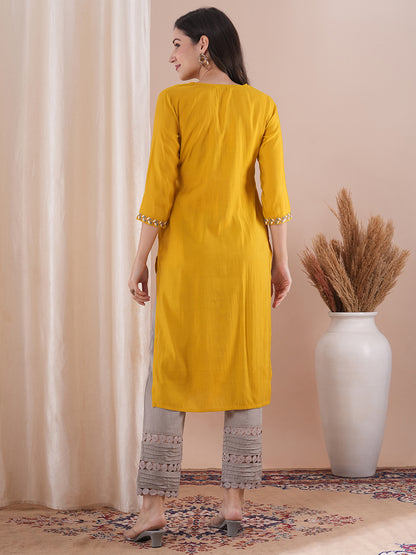 Solid Ethnic Floral Embroidered Straight Fit Kurta - Yellow