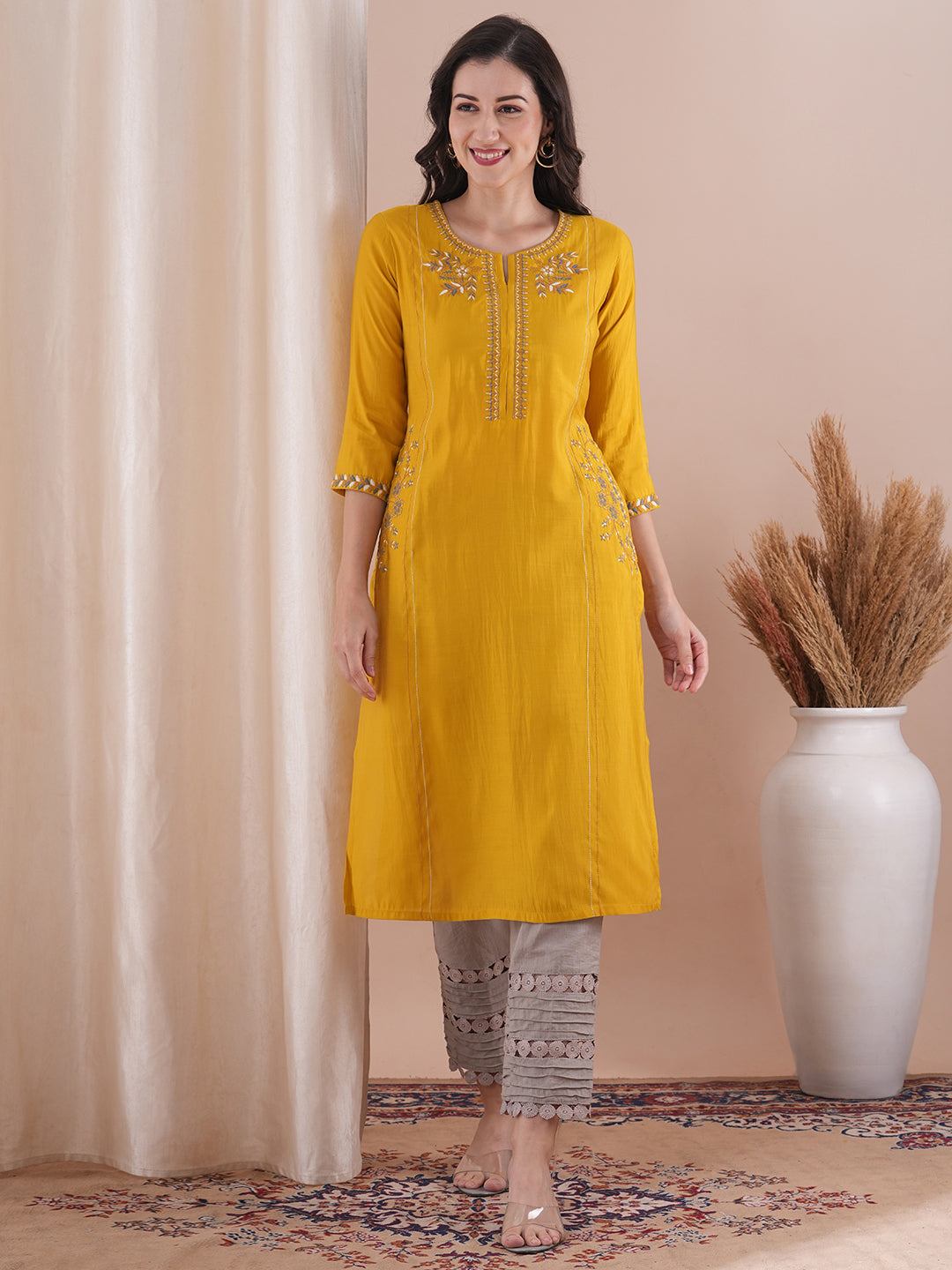 Solid Ethnic Floral Embroidered Straight Fit Kurta - Yellow