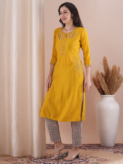 Solid Ethnic Floral Embroidered Straight Fit Kurta - Yellow