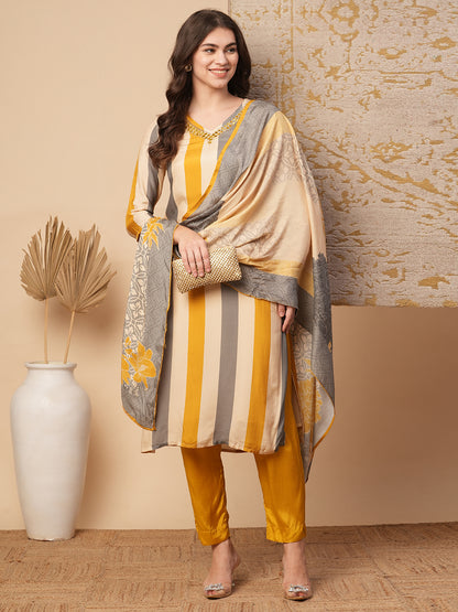 Striped Printed & Hand Embroidered Straight Fit Kurta with Pant & Dupatta - Multi