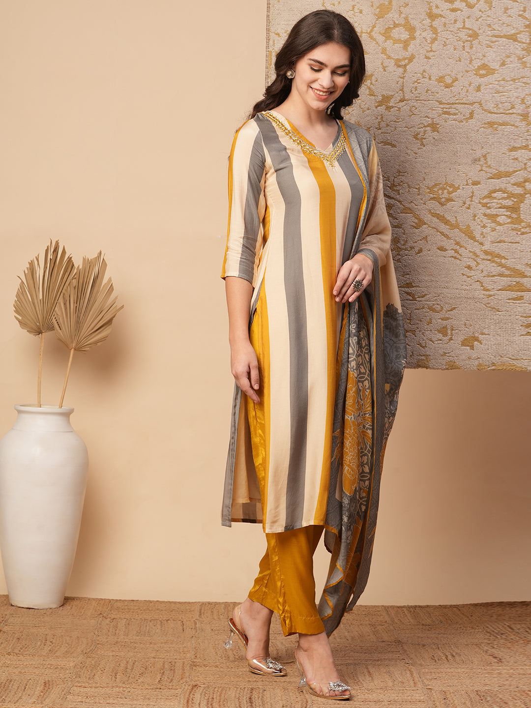 Striped Printed & Hand Embroidered Straight Fit Kurta with Pant & Dupatta - Multi