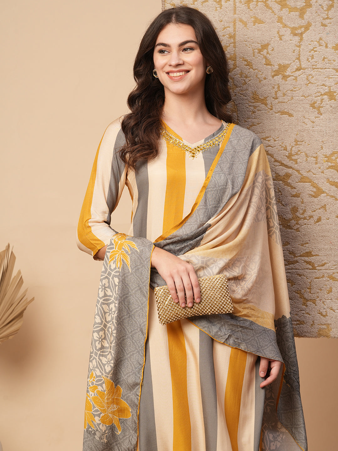 Striped Printed & Hand Embroidered Straight Fit Kurta with Pant & Dupatta - Multi