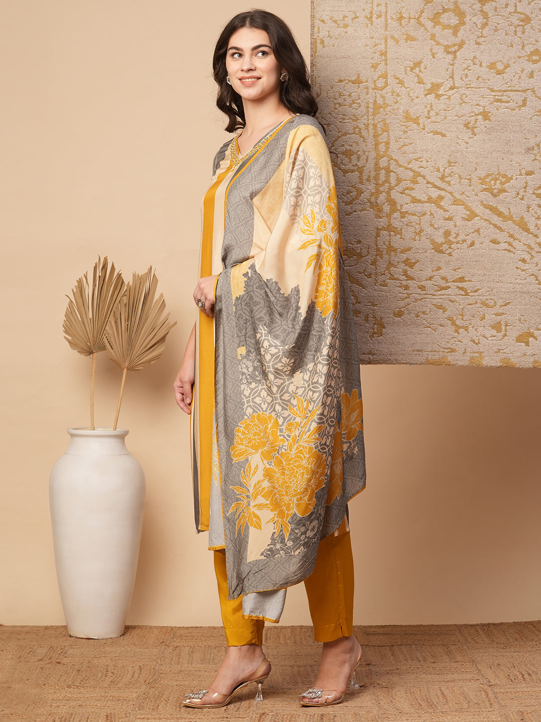 Striped Printed & Hand Embroidered Straight Fit Kurta with Pant & Dupatta - Multi