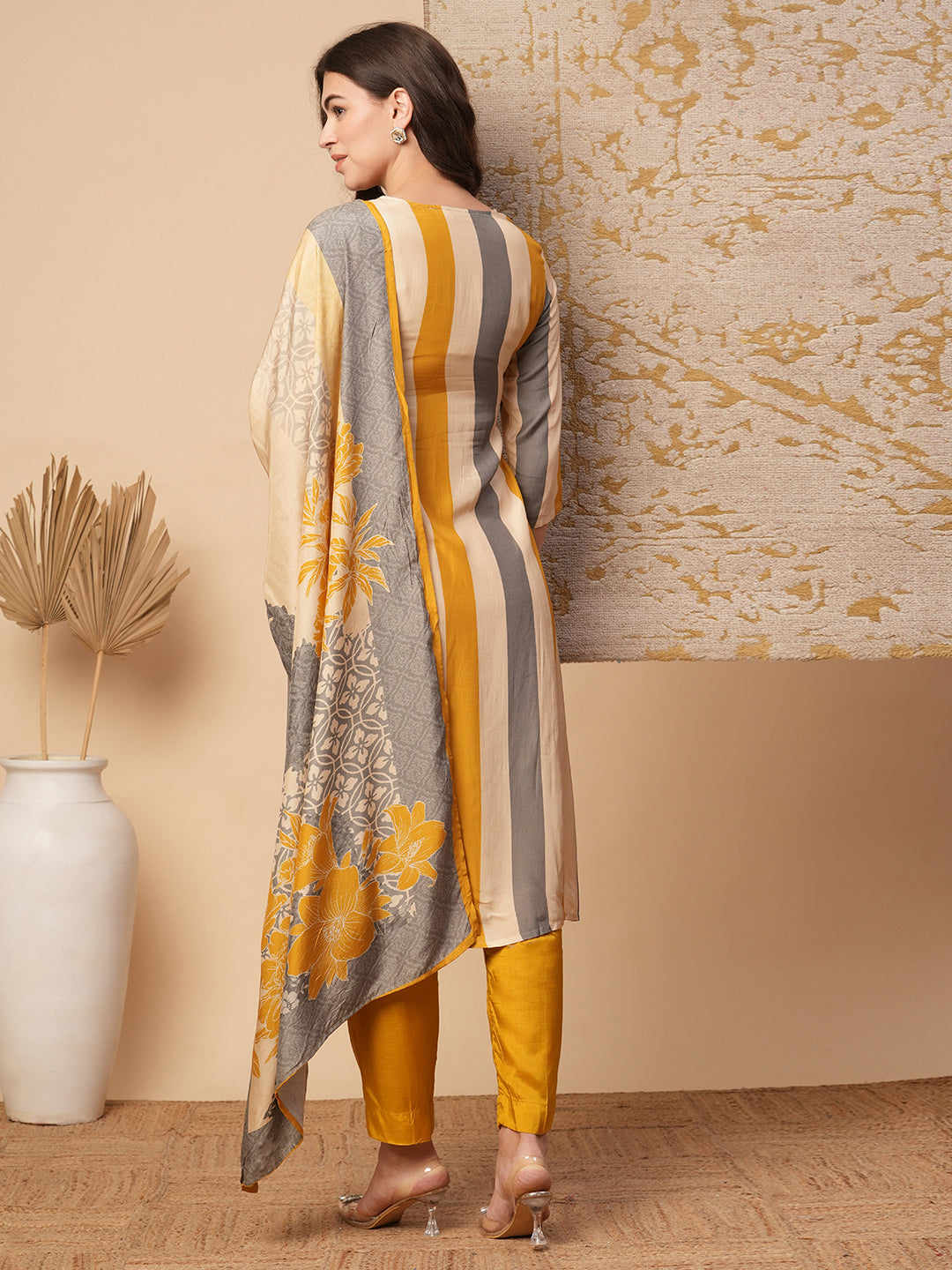 Striped Printed & Hand Embroidered Straight Fit Kurta with Pant & Dupatta - Multi