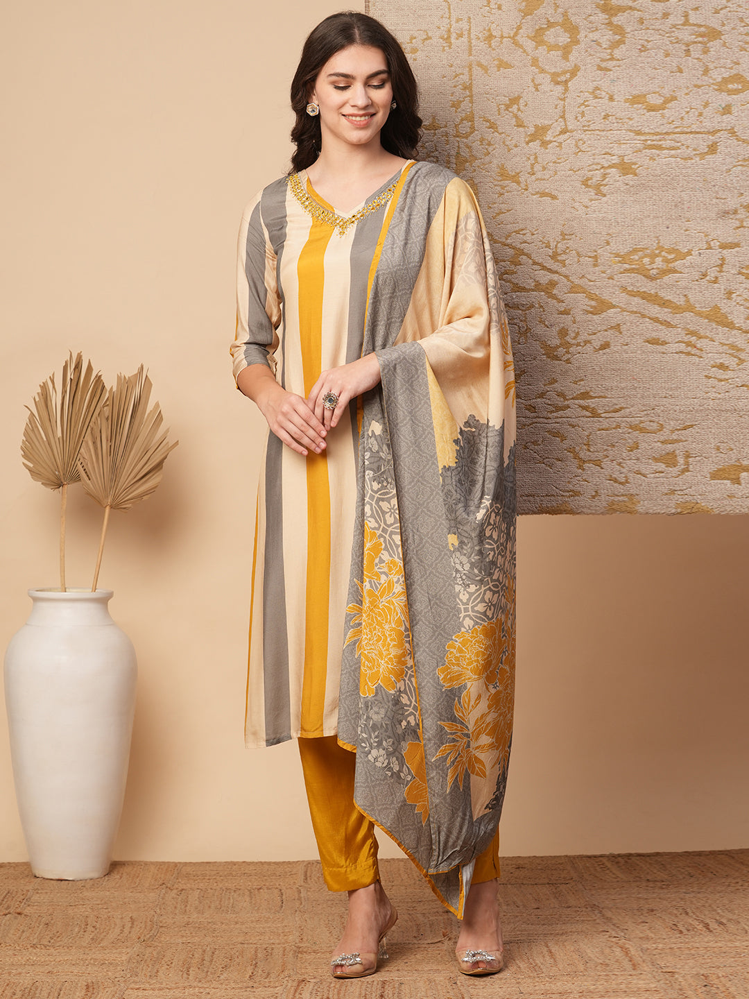 Striped Printed & Hand Embroidered Straight Fit Kurta with Pant & Dupatta - Multi