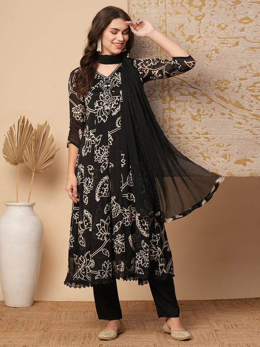 Abstract Floral Printed & Embroidered Anarkali Kurta with Pant & Dupatta - Black