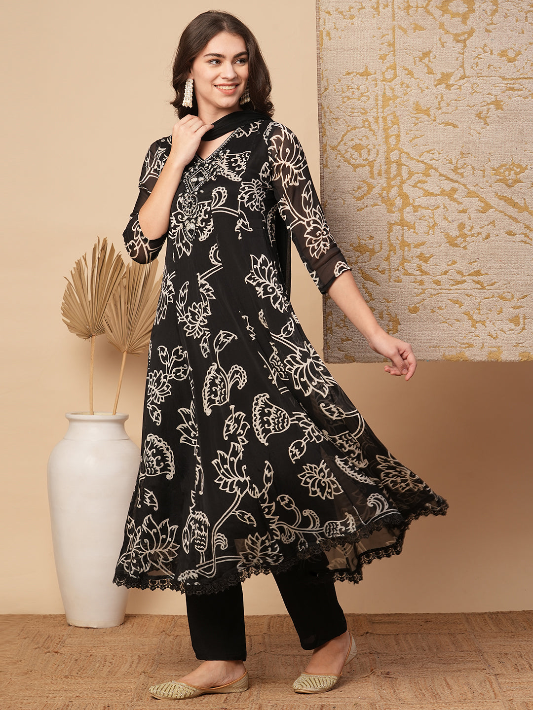 Abstract Floral Printed & Embroidered Anarkali Kurta with Pant & Dupatta - Black