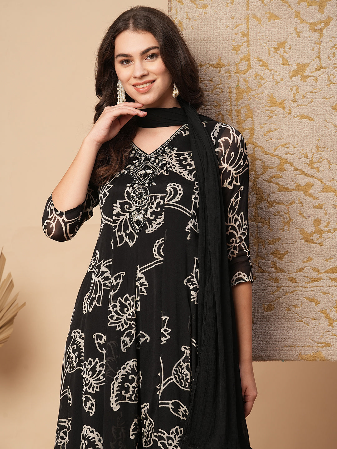 Abstract Floral Printed & Embroidered Anarkali Kurta with Pant & Dupatta - Black