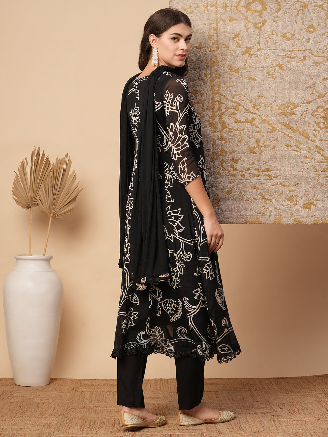 Abstract Floral Printed & Embroidered Anarkali Kurta with Pant & Dupatta - Black