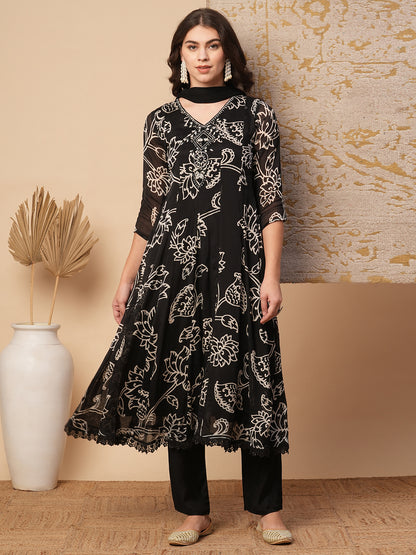 Abstract Floral Printed & Embroidered Anarkali Kurta with Pant & Dupatta - Black