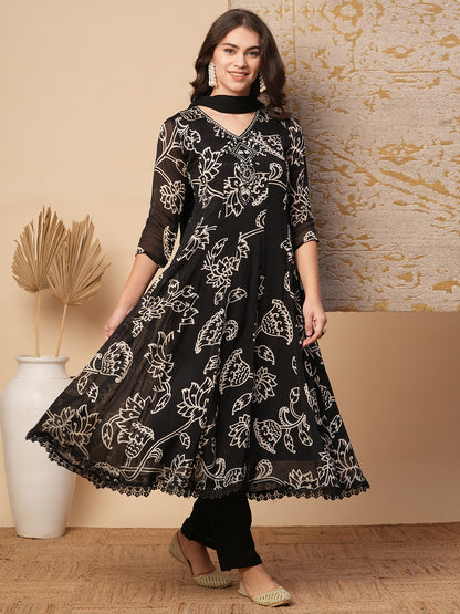 Abstract Floral Printed & Embroidered Anarkali Kurta with Pant & Dupatta - Black