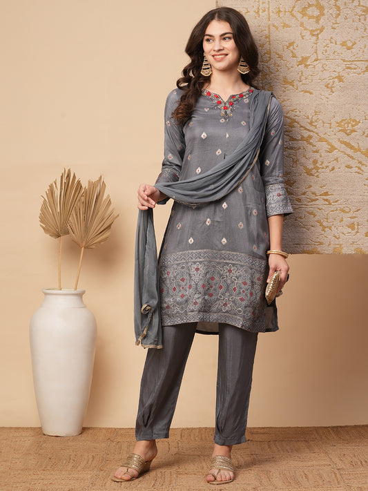 Ethnic Woven & Hand Embroidered Straight Fit Kurta with Pant and Dupatta - Grey