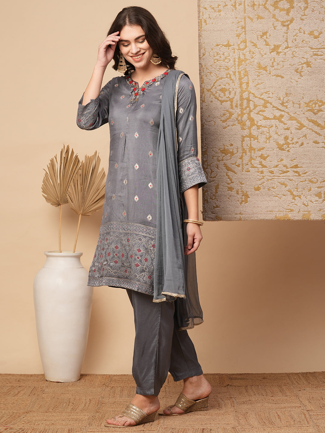 Ethnic Woven & Hand Embroidered Straight Fit Kurta with Pant and Dupatta - Grey