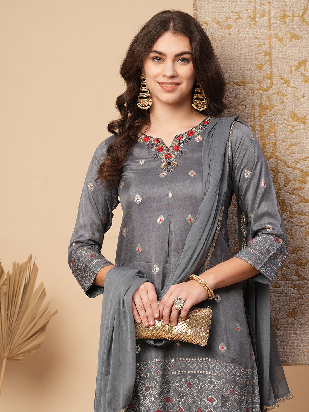 Ethnic Woven & Hand Embroidered Straight Fit Kurta with Pant and Dupatta - Grey