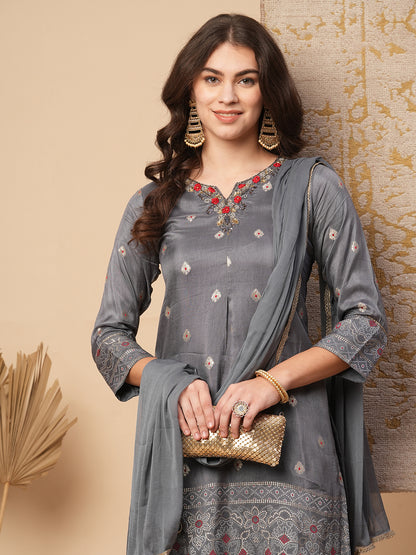 Ethnic Woven & Hand Embroidered Straight Fit Kurta with Pant and Dupatta - Grey