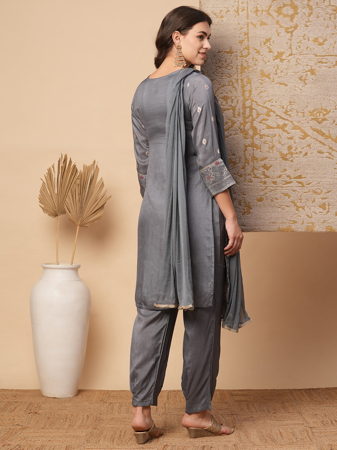 Ethnic Woven & Hand Embroidered Straight Fit Kurta with Pant and Dupatta - Grey