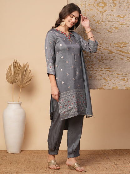 Ethnic Woven & Hand Embroidered Straight Fit Kurta with Pant and Dupatta - Grey