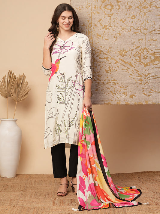 Abstract Floral Printed & Hand Embroidered Straight Fit Kurta with Pant and Dupatta - Cream