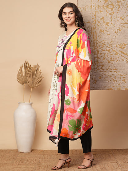 Abstract Floral Printed & Hand Embroidered Straight Fit Kurta with Pant and Dupatta - Cream