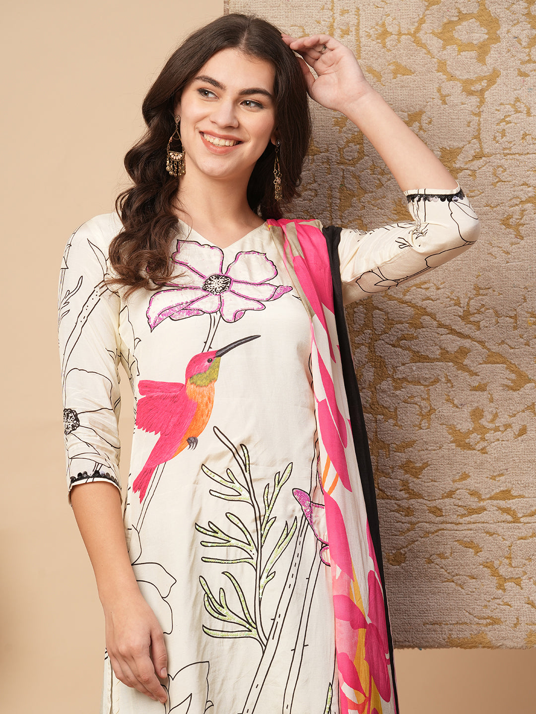 Abstract Floral Printed & Hand Embroidered Straight Fit Kurta with Pant and Dupatta - Cream