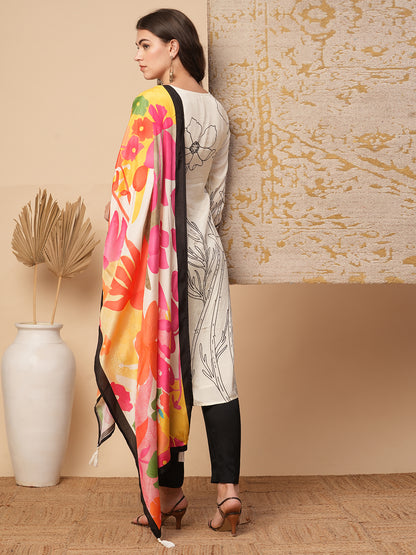 Abstract Floral Printed & Hand Embroidered Straight Fit Kurta with Pant and Dupatta - Cream